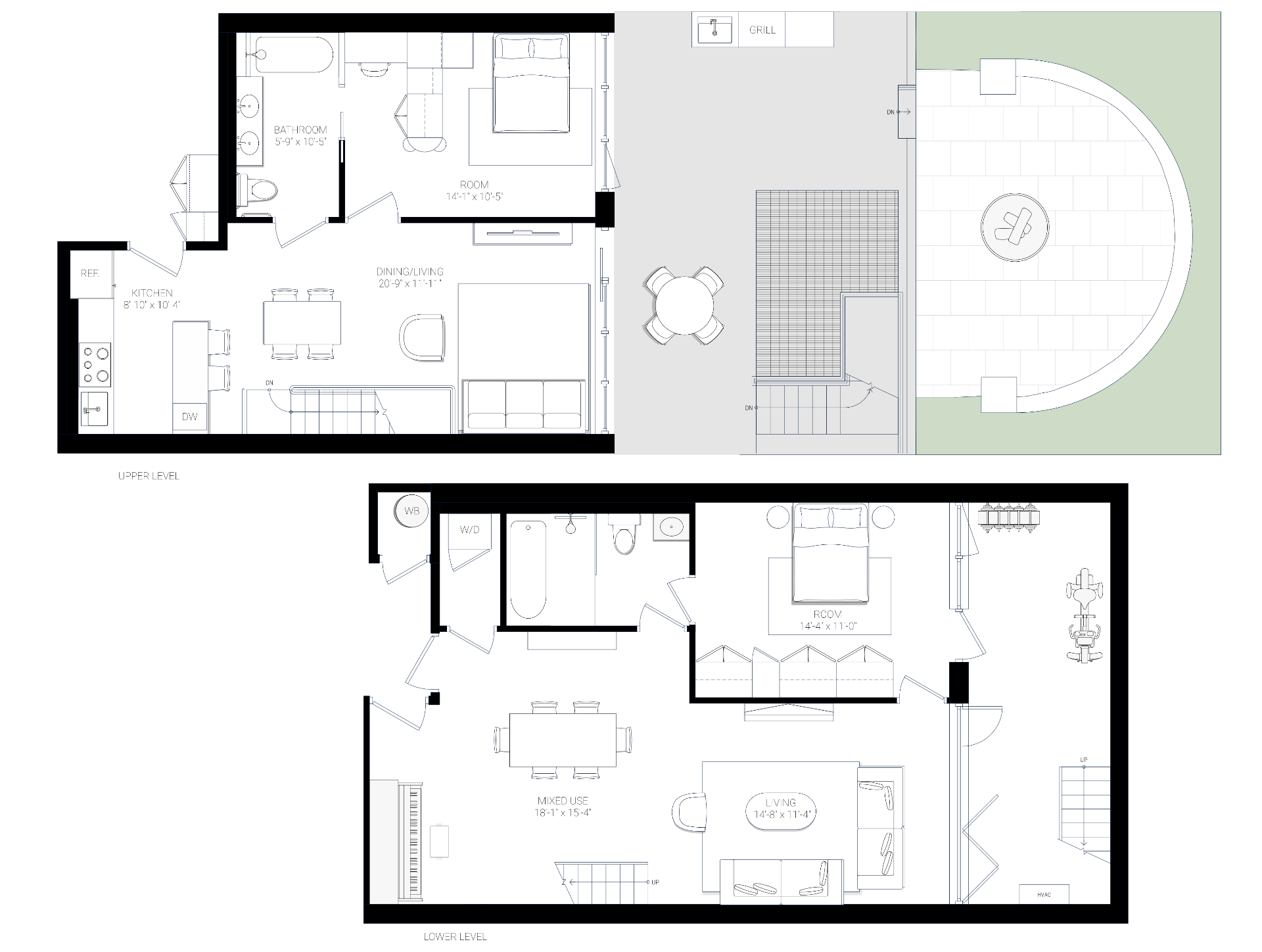 Residence 1B floor plan — upper and lower levels