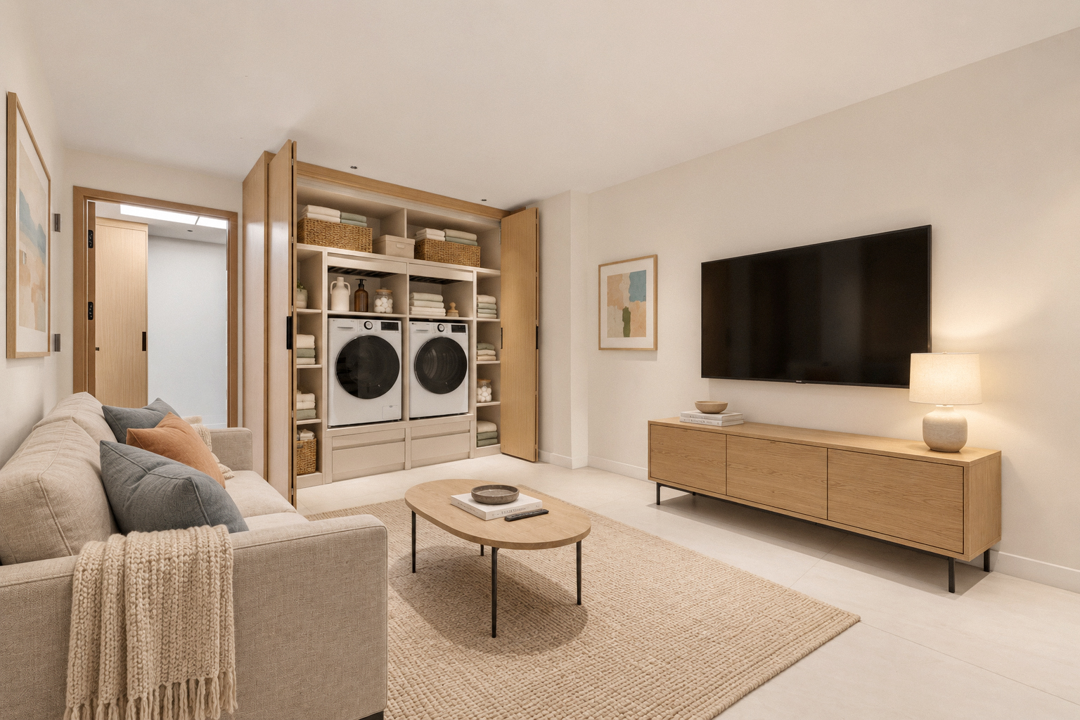 Residence 1A living room with integrated laundry
