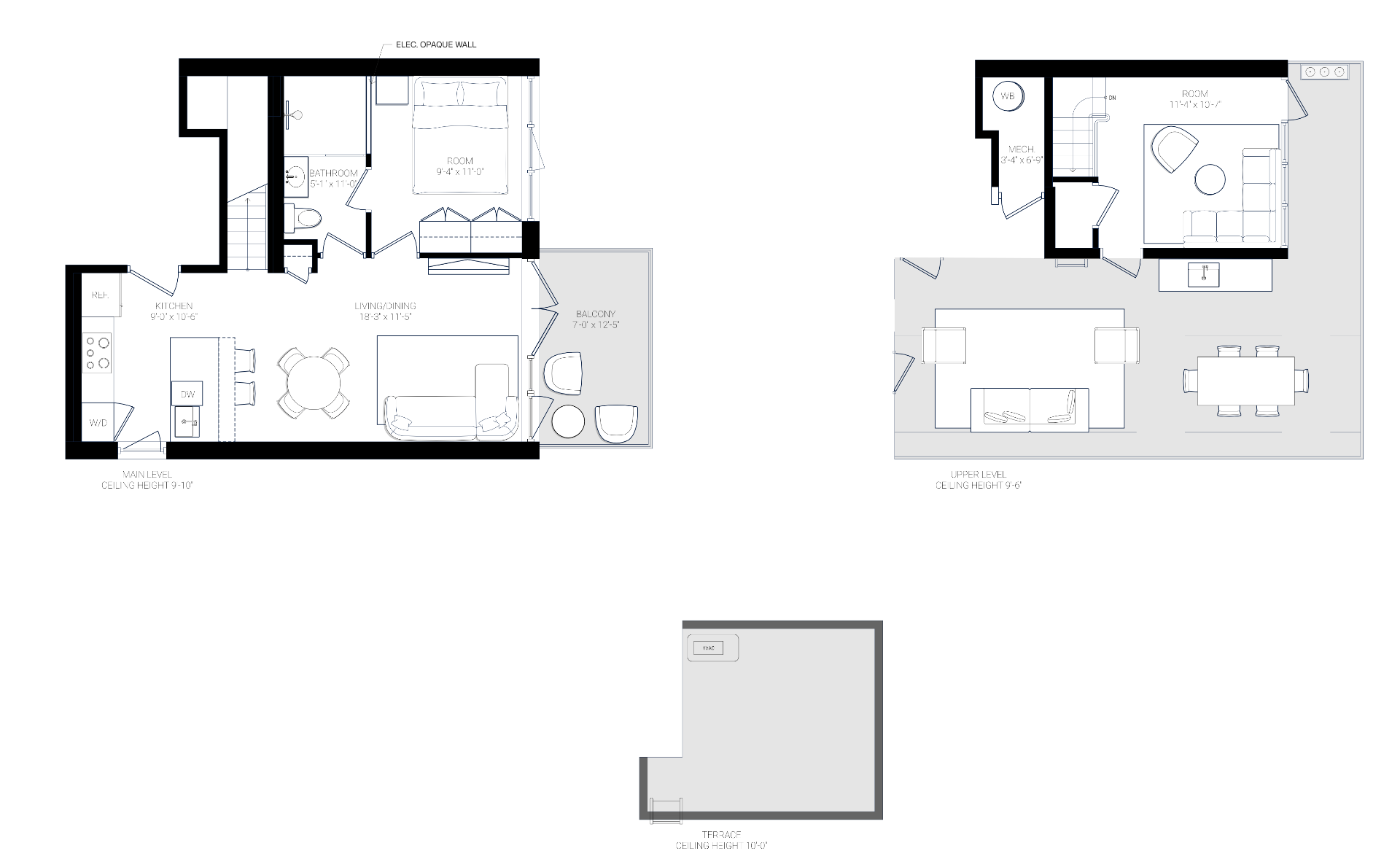 Residence 4B floor plan — main, upper, and terrace