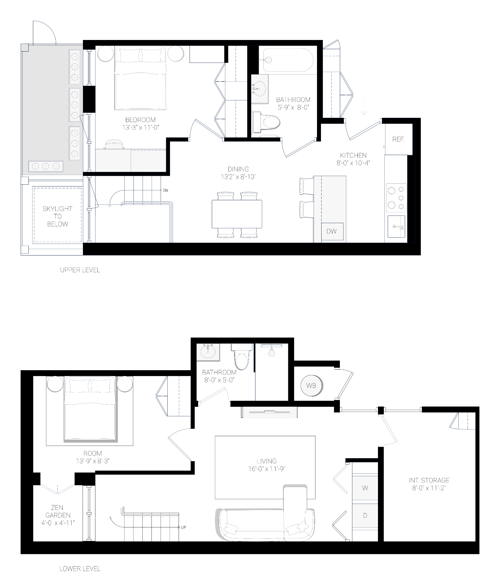 Residence 1A floor plan — upper and lower levels