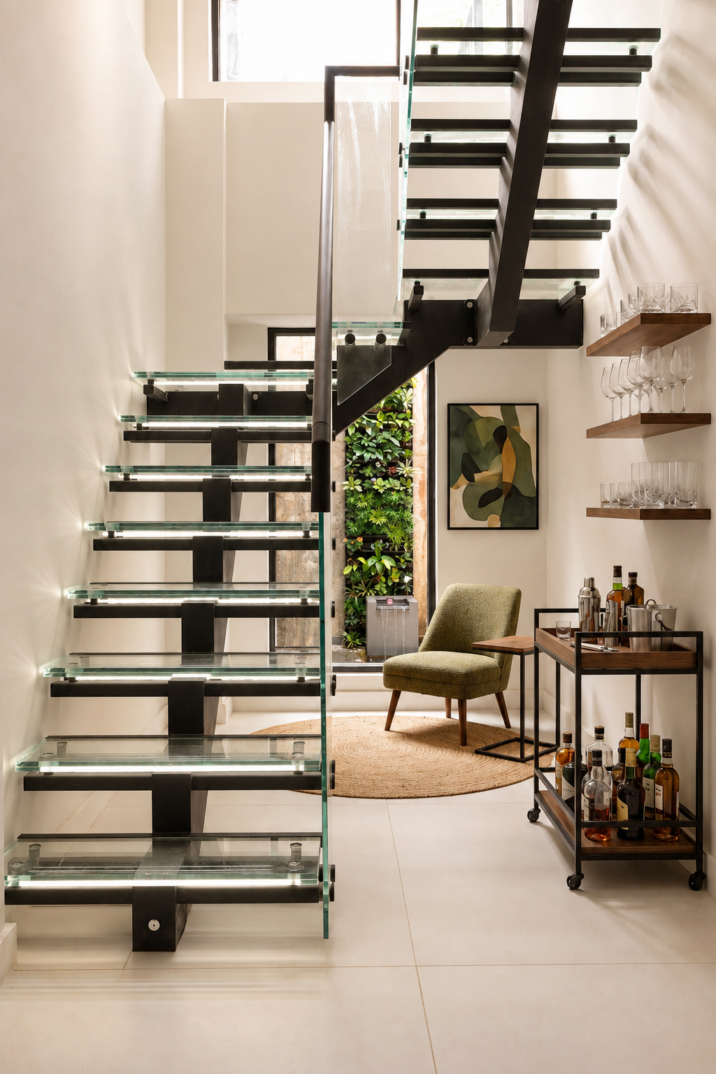 Residence 1A lower-level lounge and glass staircase