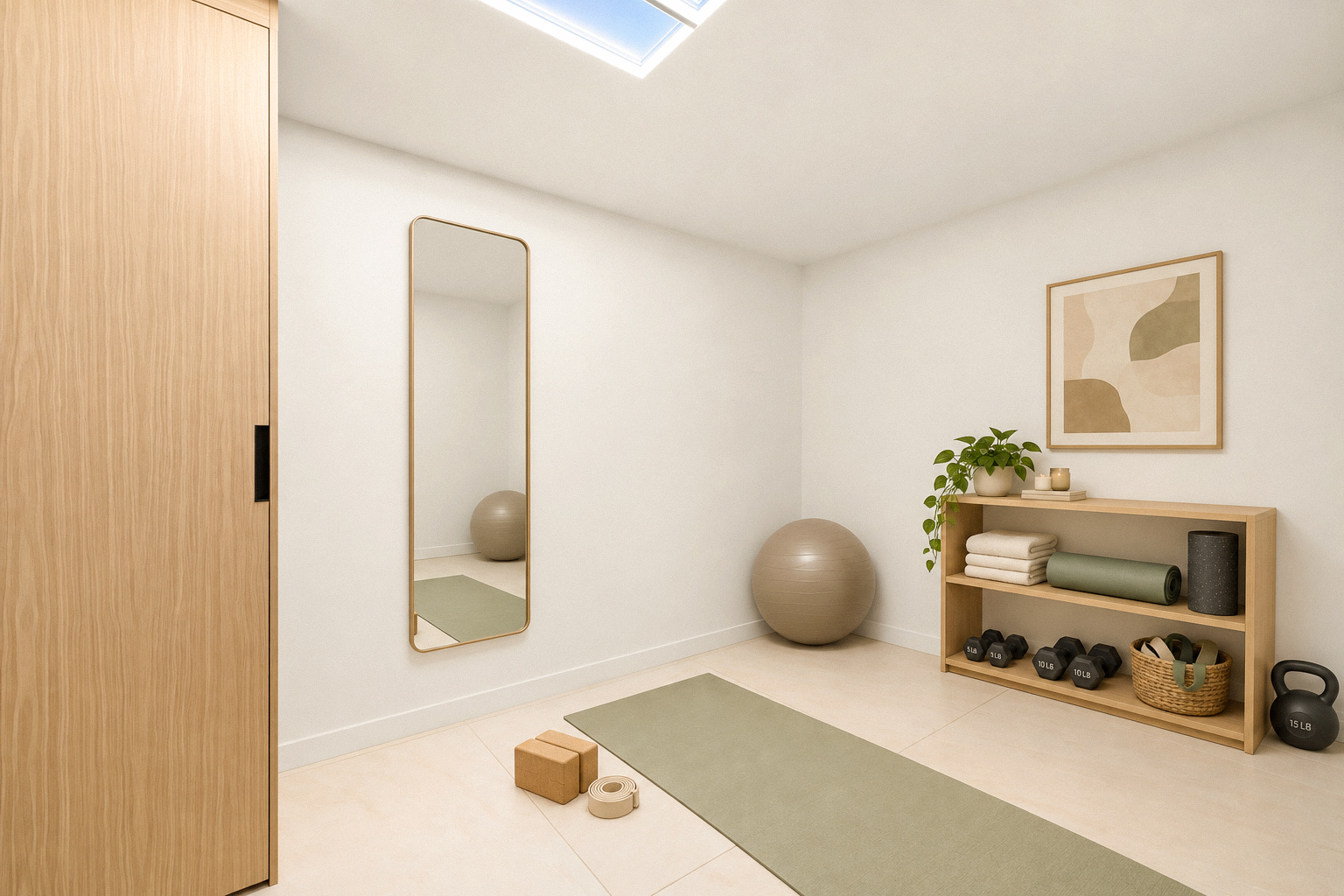 Residence 1A lower-level wellness room with skylight