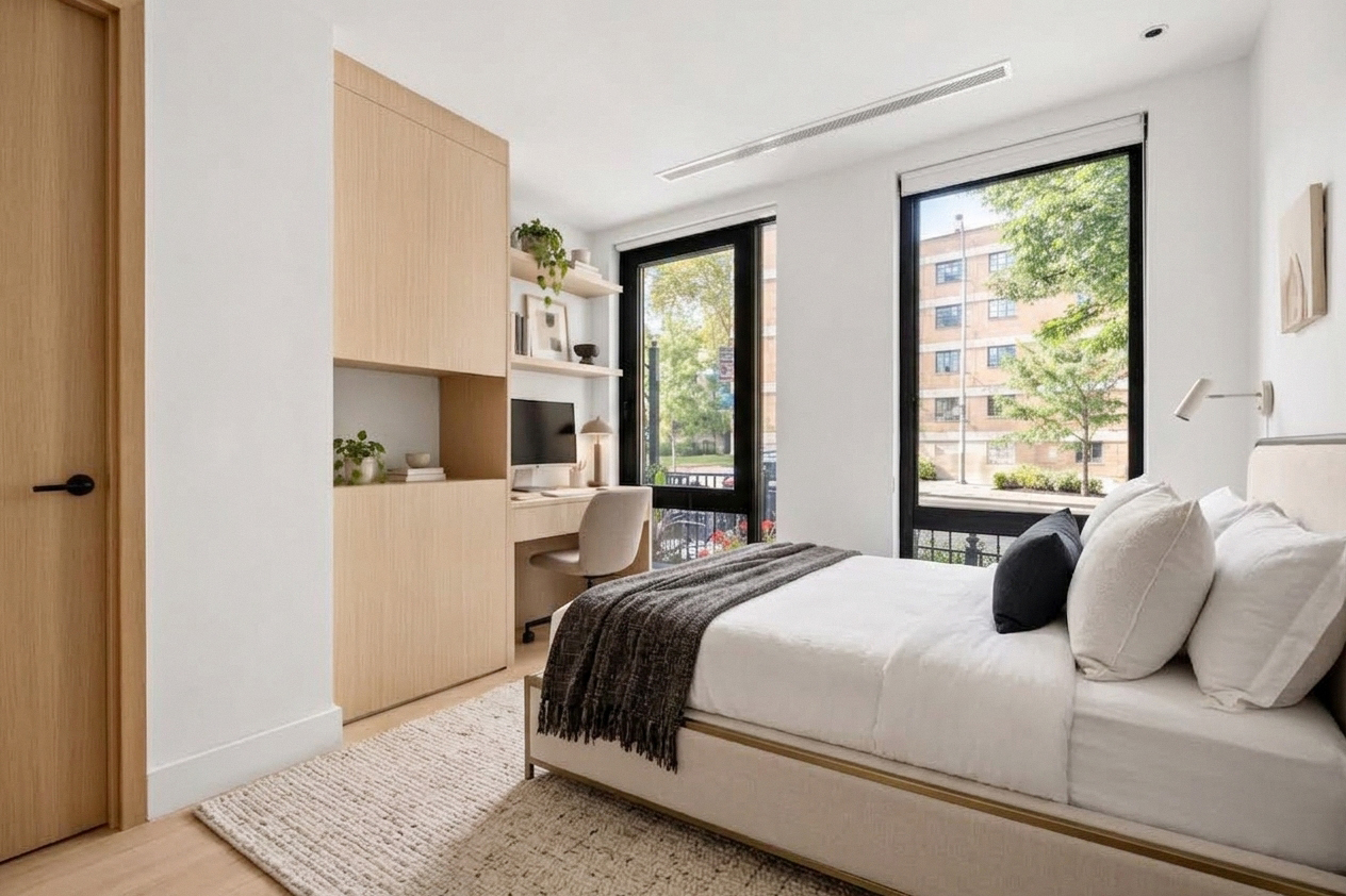 Residence 1A bedroom with floor-to-ceiling windows