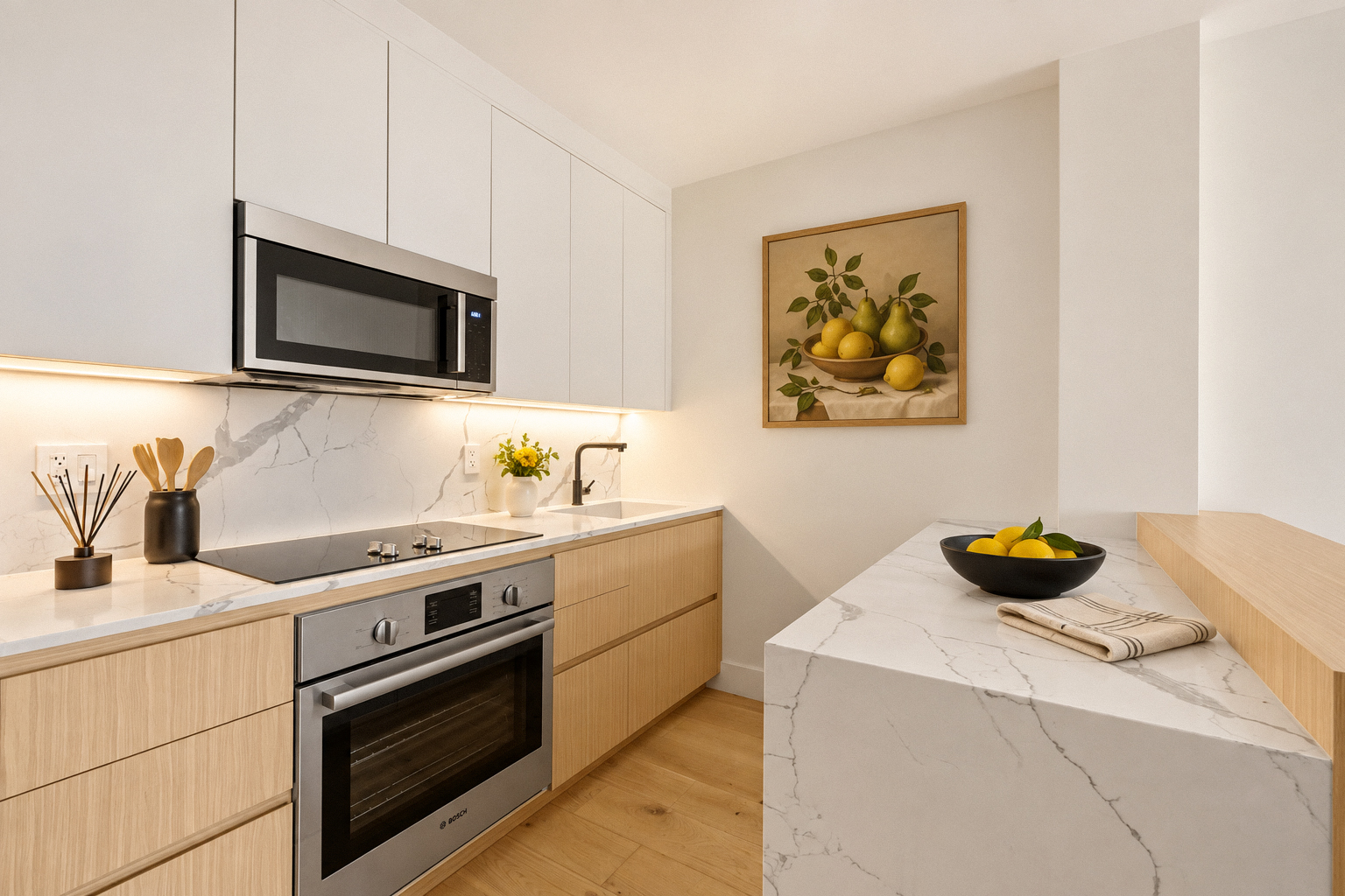 Residence 1A kitchen with paneled appliances and quartz