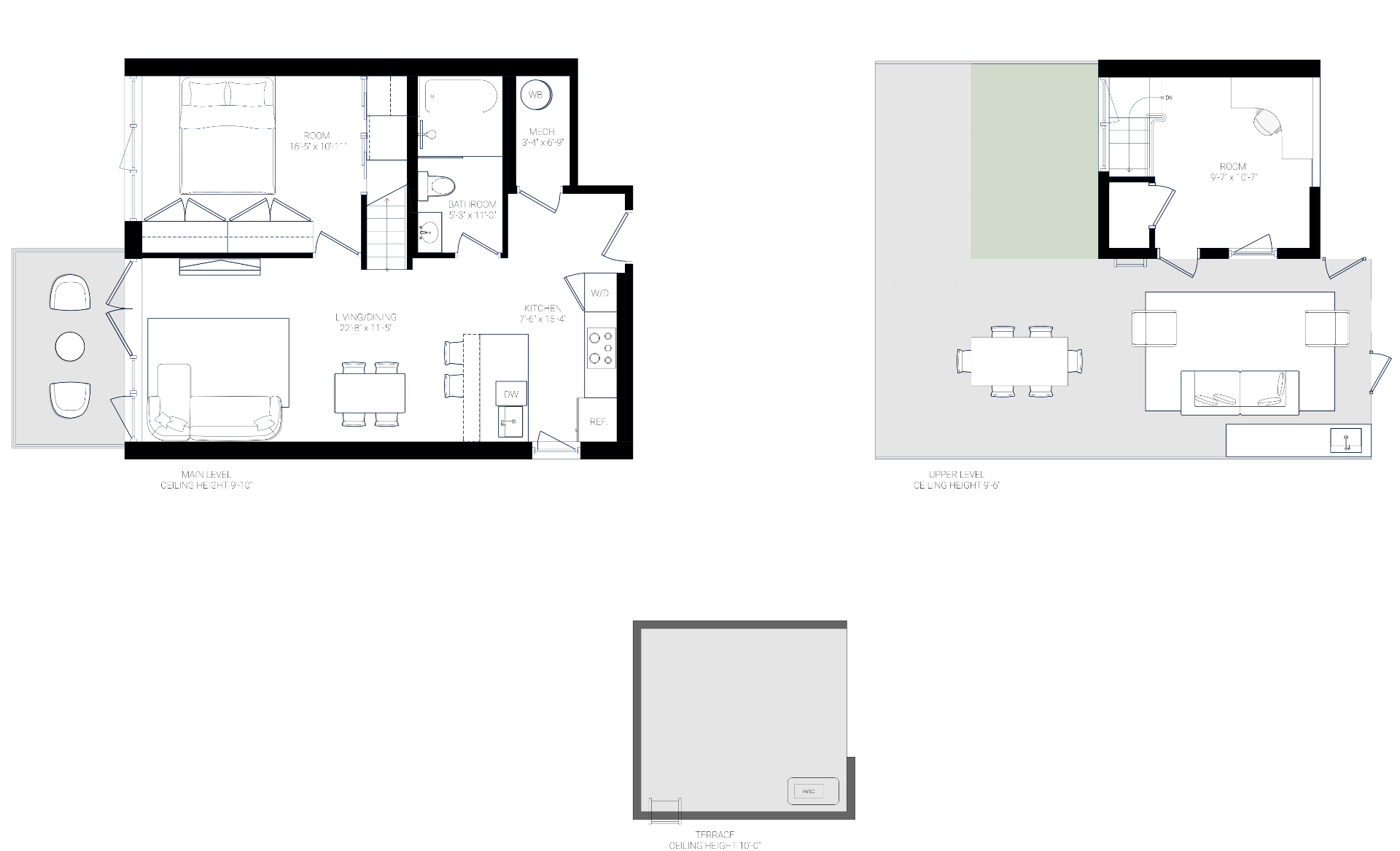 Residence 4A floor plan — main, upper, and terrace