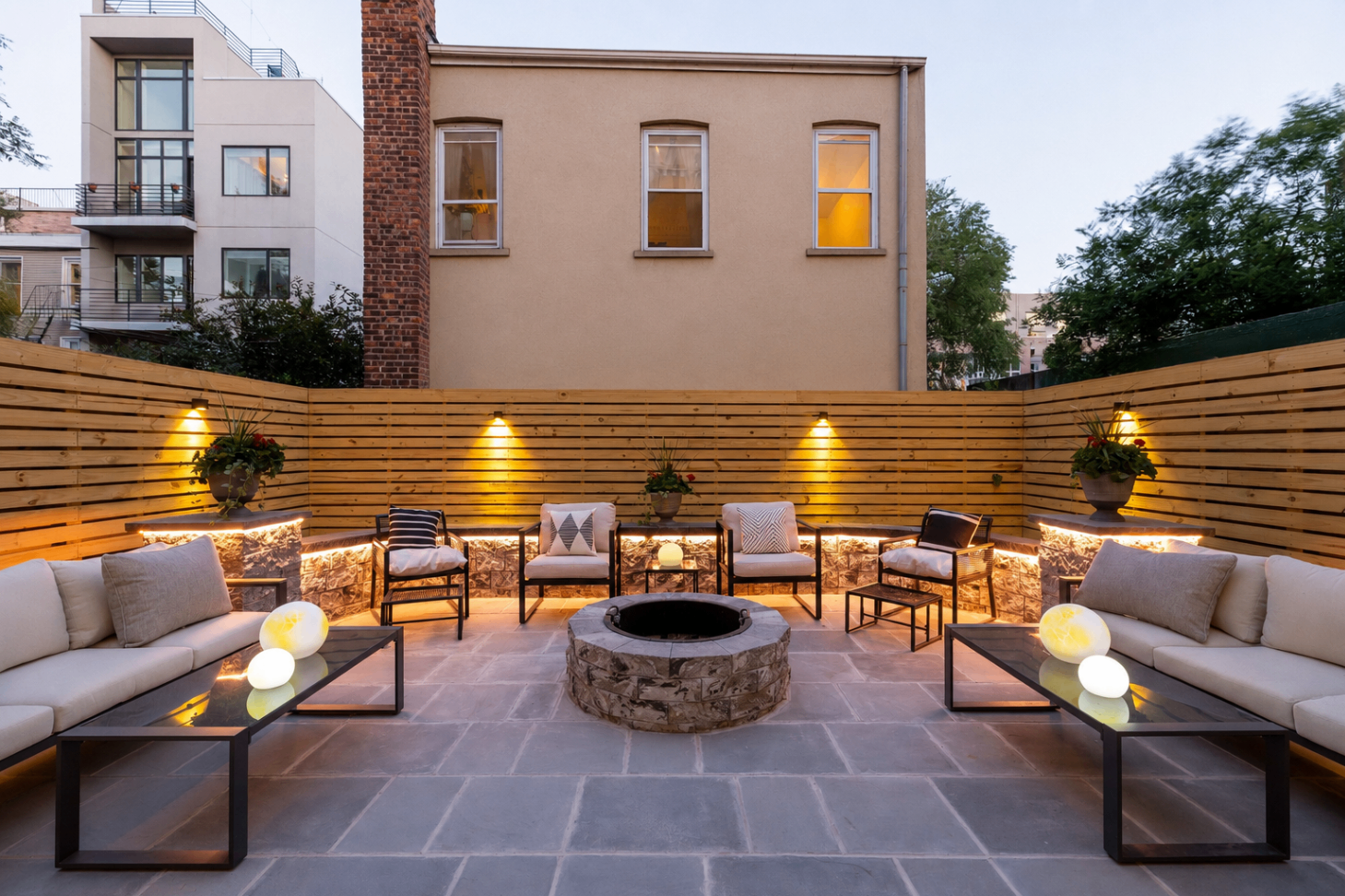 Residence 1B backyard firepit lounge at dusk